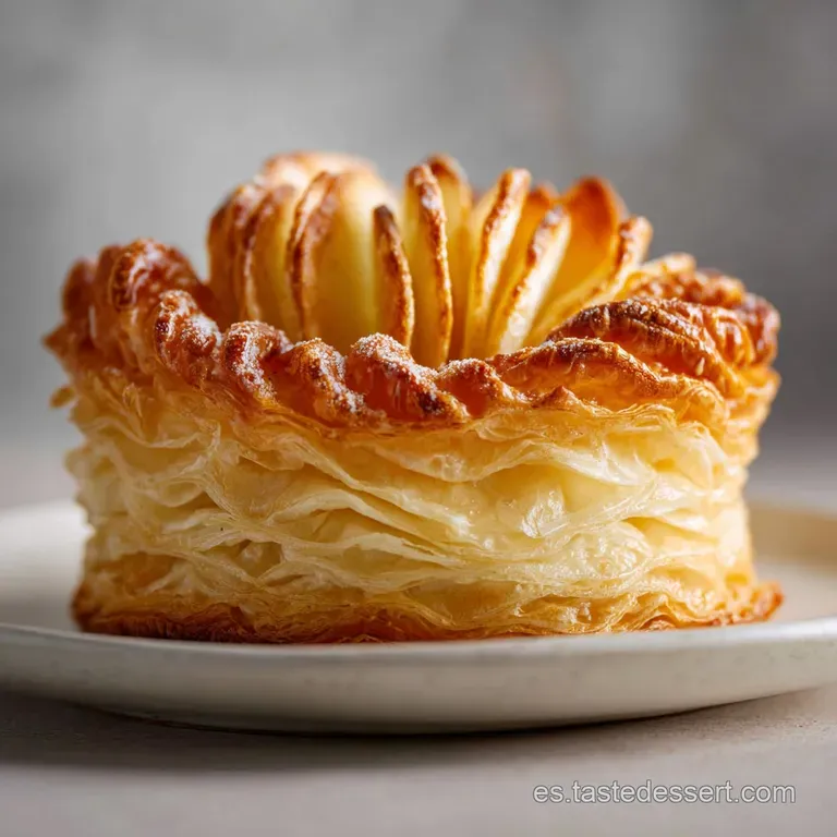 Crisp apple pastry on a white plate with a scoop of vanilla ice cream melting slightly, beside a sprig of vibrant green mint.
