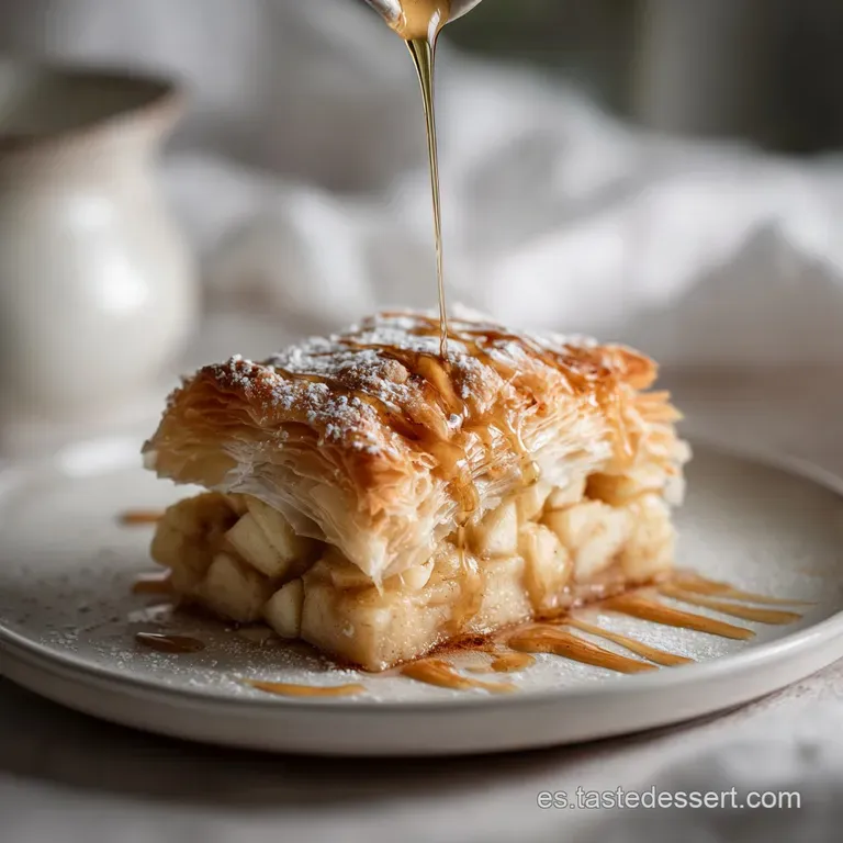 Elegant apple pastry slice with glistening, caramelized edges. Served with a scoop of melting vanilla ice cream and a spri...