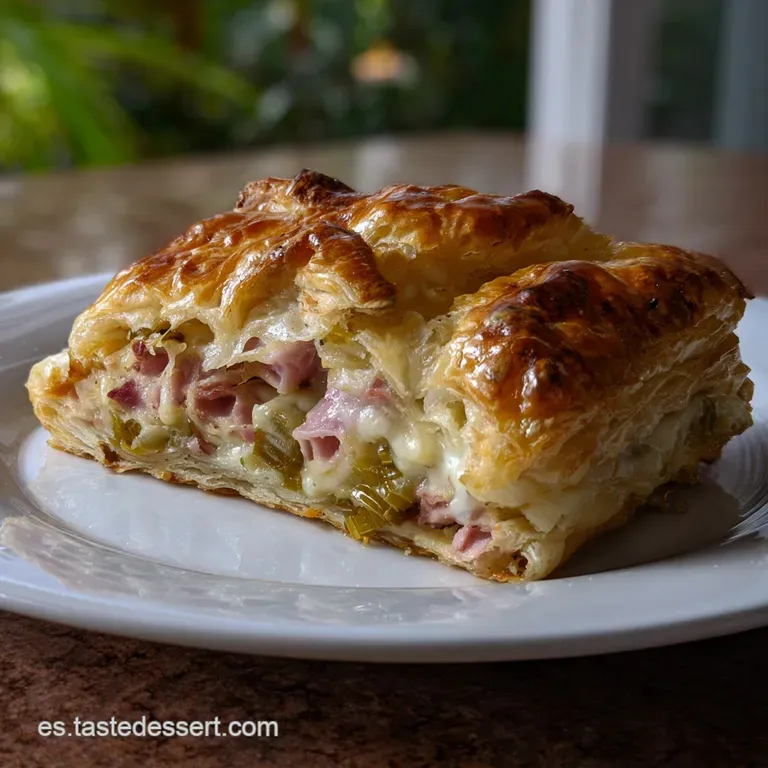 Elegant plate featuring a slice of savory pastry. Buttery, layered texture exposed, garnished with a sprig of fresh parsley.