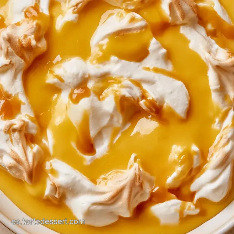 Montaje elegante con picos de merengue blanco sobre salsa cremosa, decorado con hilos de caramelo dorado y brillante.