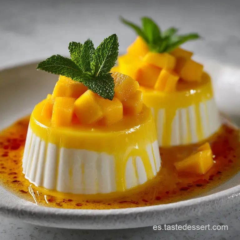 Elegant mango dessert: Sliced squares layered with creamy filling and fresh mango chunks arranged beautifully on a white p...