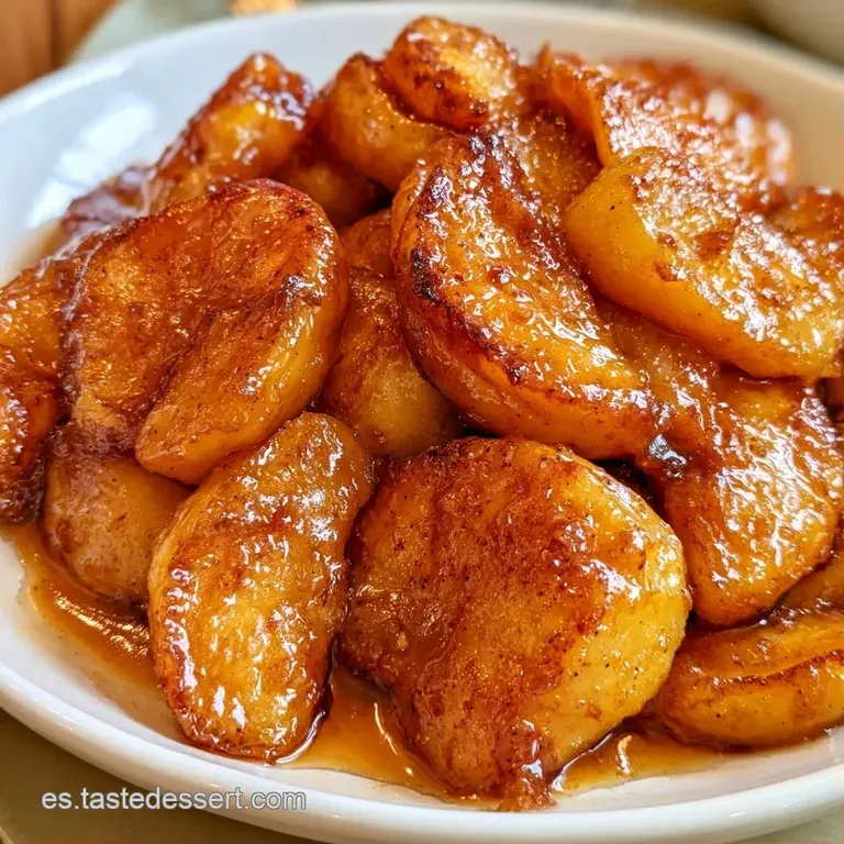 Manzana caramelizada en plato blanco, adornada con una pizca de jengibre y una gota de crema suave y brillante.