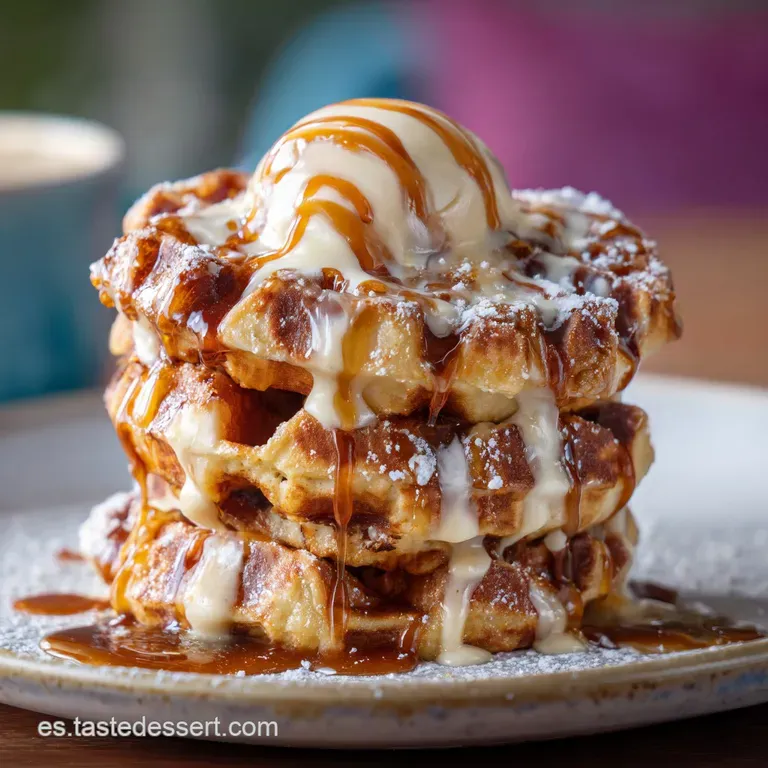 Stacked Belgian waffles, drizzled with caramel, topped with whipped cream and fresh berries on a bright white plate. Mouth...
