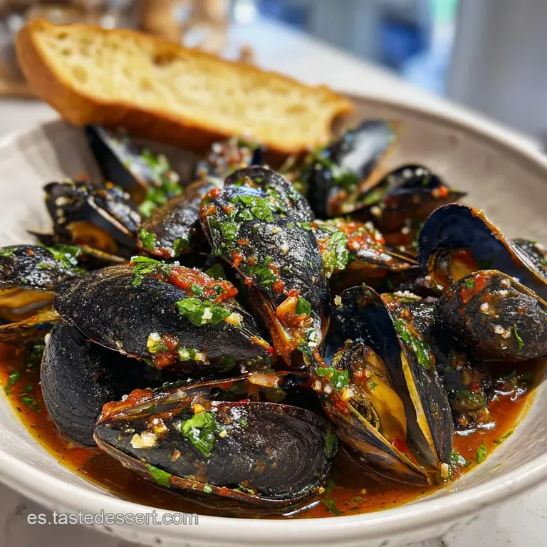 Plated mussels in a bright red sauce, glistening with oil and fresh herbs. Crusty bread offers a perfect contrast to the j...