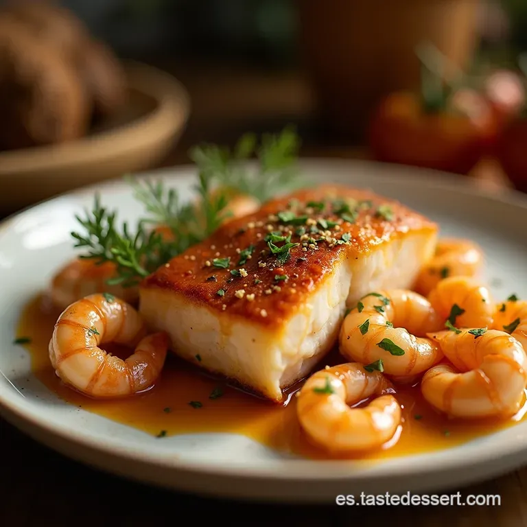 Lomo De Merluza Al Horno Oro Y Mar Con Gambas Almejas Y Un Toque De Jerez presentation