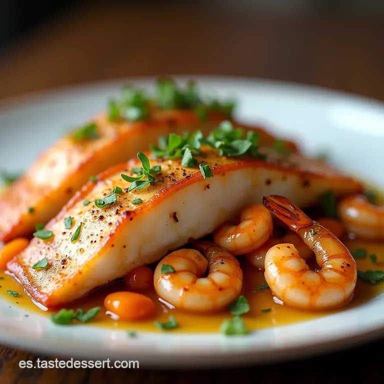 Lomo de Merluza al Horno Oro y Mar Con Gambas Almejas y un Toque de Jerez