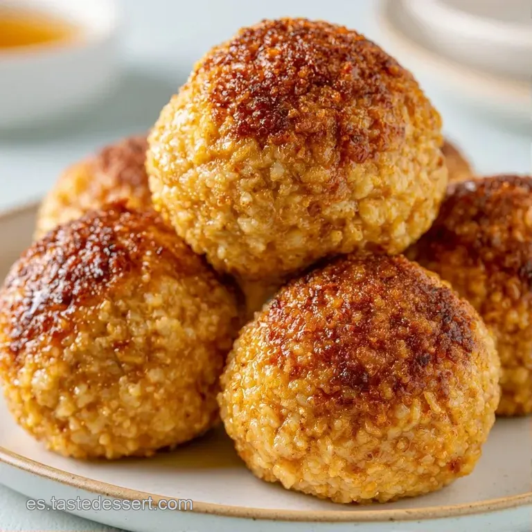 Bolitas de carne brillantes en círculo con gotas de salsa cremosa y un toque de cilantro sobre cerámica mate.