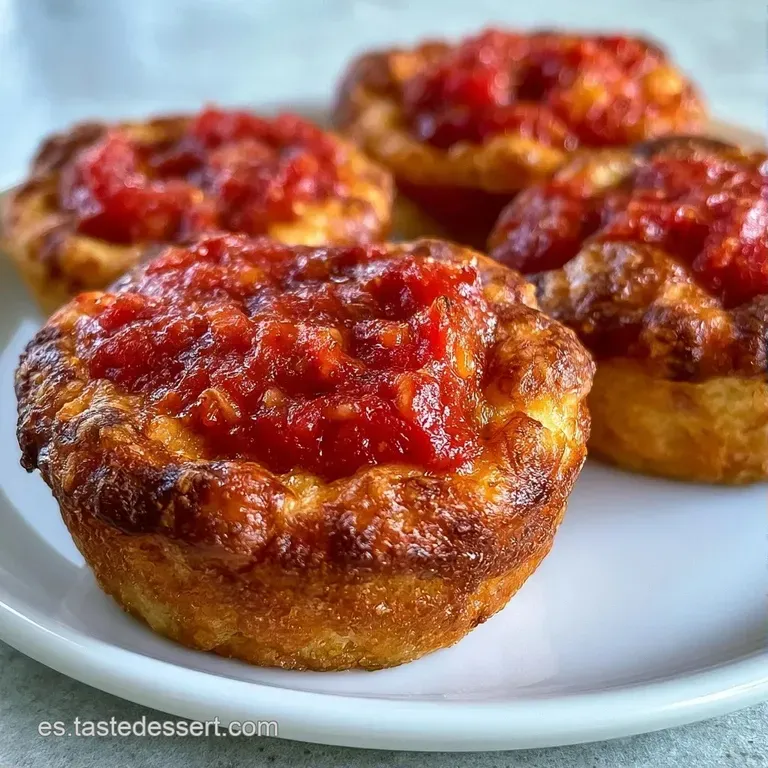 Pequeñas pizzas circulares dispuestas en un plato blanco, resaltando el queso fundido y bordes crujientes y tostados.