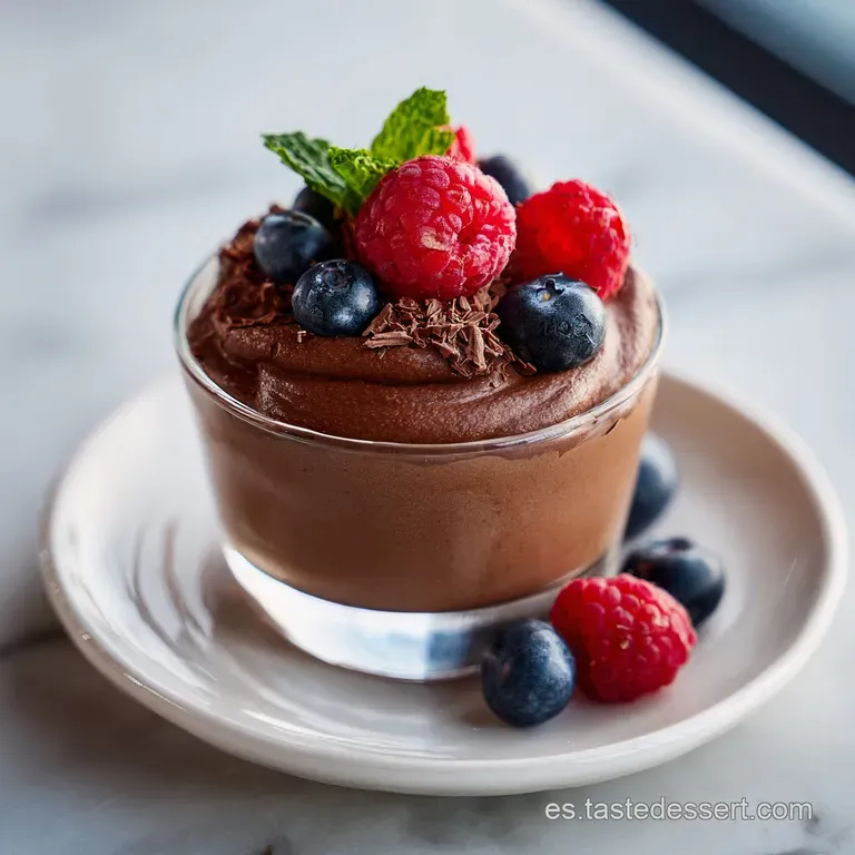 Elegant chocolate mousse in a stemmed glass, garnished with cocoa powder and chocolate shavings. The dessert stands out on...