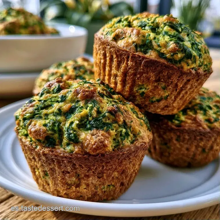 Dos muffins verdes y aireados sobre un plato blanco cerámico, decorados con una hoja de espinaca fresca y brillante.