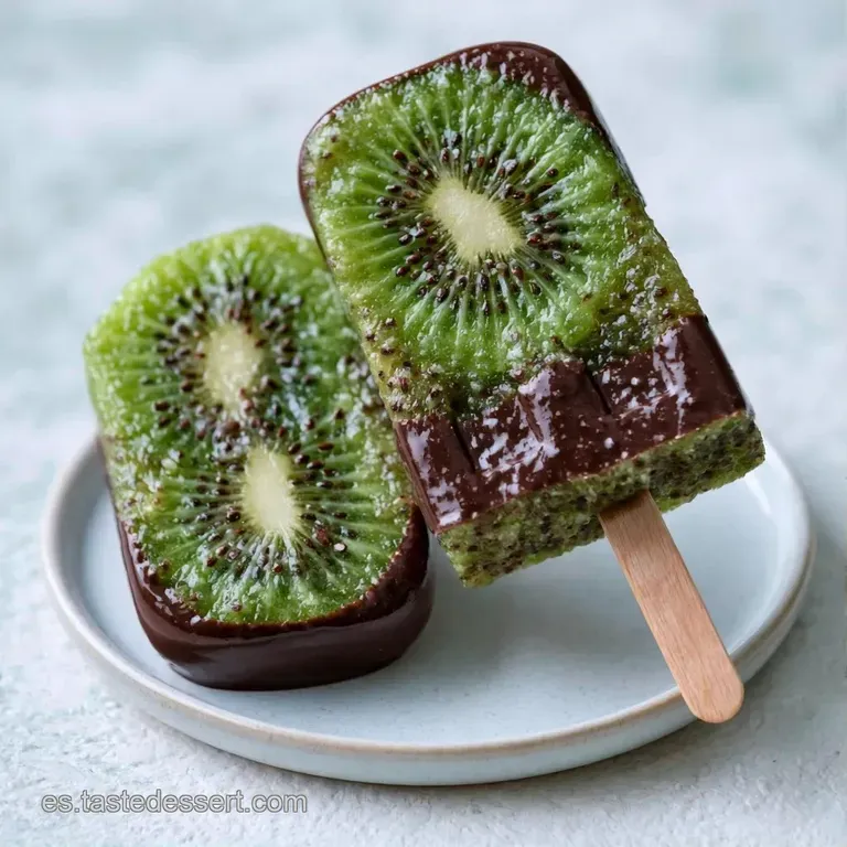 Paletas de kiwi y chocolate dispuestas en plato blanco, resaltando el contraste entre el verde vibrante y el marrón.