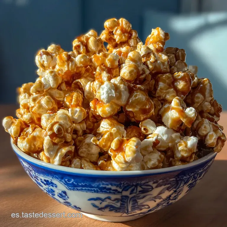 Caramel popcorn spilling from a striped paper bag. Hints of flaky sea salt sparkle. Warm, inviting snack presentation. Swe...
