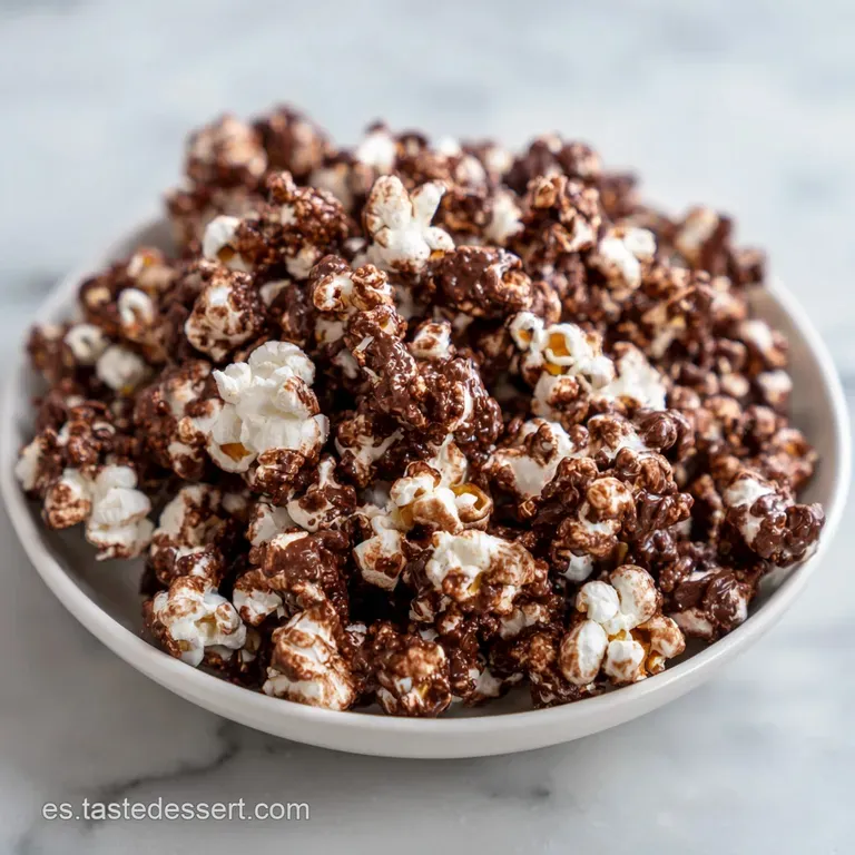 Stacked chocolate popcorn pyramids drizzled with melted chocolate on a marble board. Festive and decadent dessert presenta...