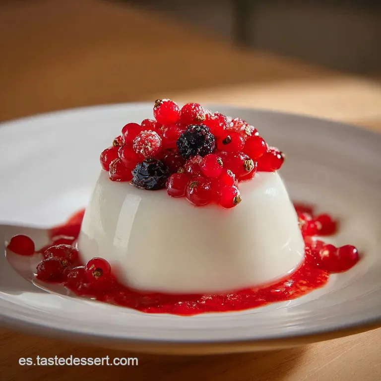Postre blanco sedoso en plato minimalista, decorado con gotas de coulis rojo intenso y una mora fresca sobre fondo claro.