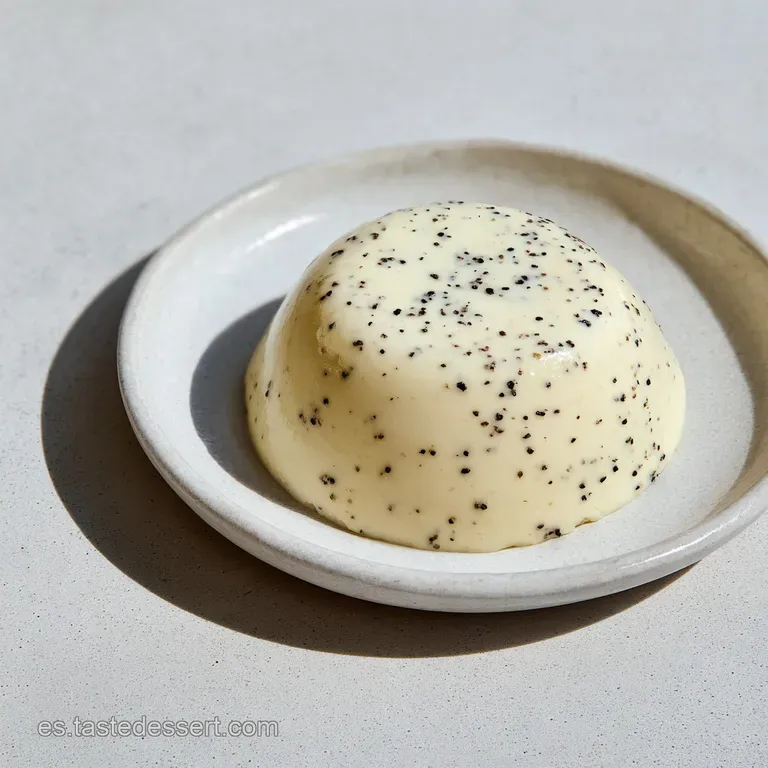 Postre l&aacute;cteo moldeado con acabado brillante, ba&ntilde;ado en sirope rojo intenso sobre un plato de porcelana minimalista.