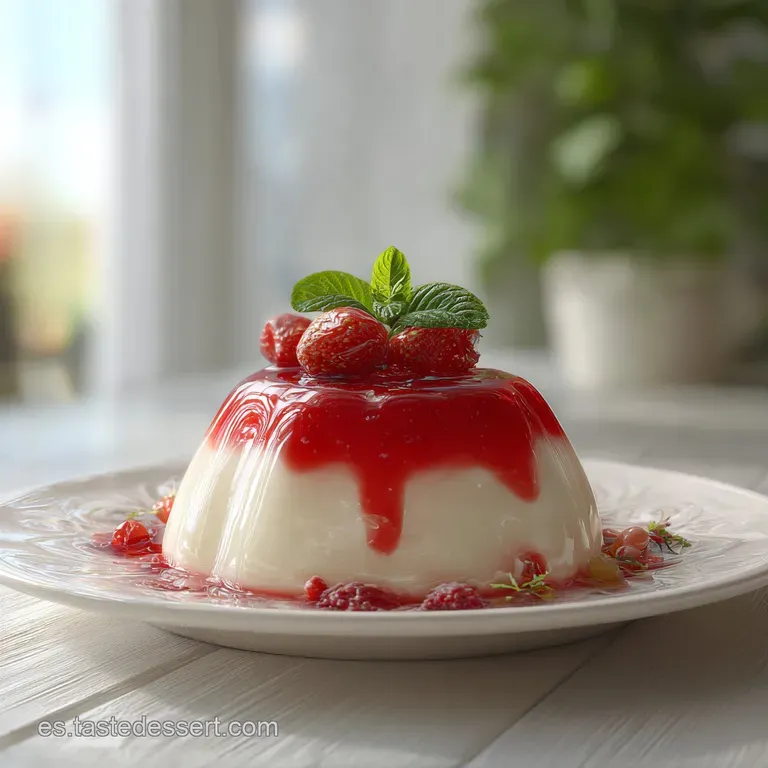 Elegant panna cotta dome molded and unmolded, drizzled with berry sauce, on a white plate.