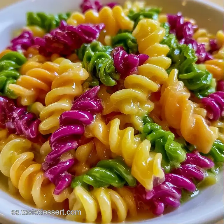 Pasta multicolor dispuesta en un nido elegante sobre plato blanco, decorada con hojas verdes frescas y pimienta negra.