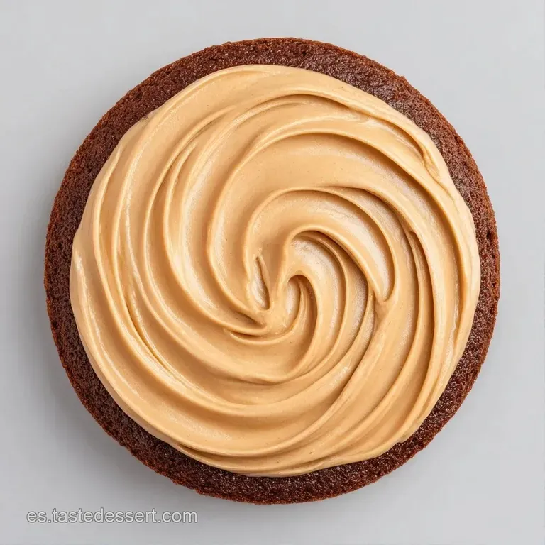Porci&oacute;n triangular de bizcocho h&uacute;medo con capas de crema caf&eacute;, servida en plato blanco con hilos de chocolate oscuro.