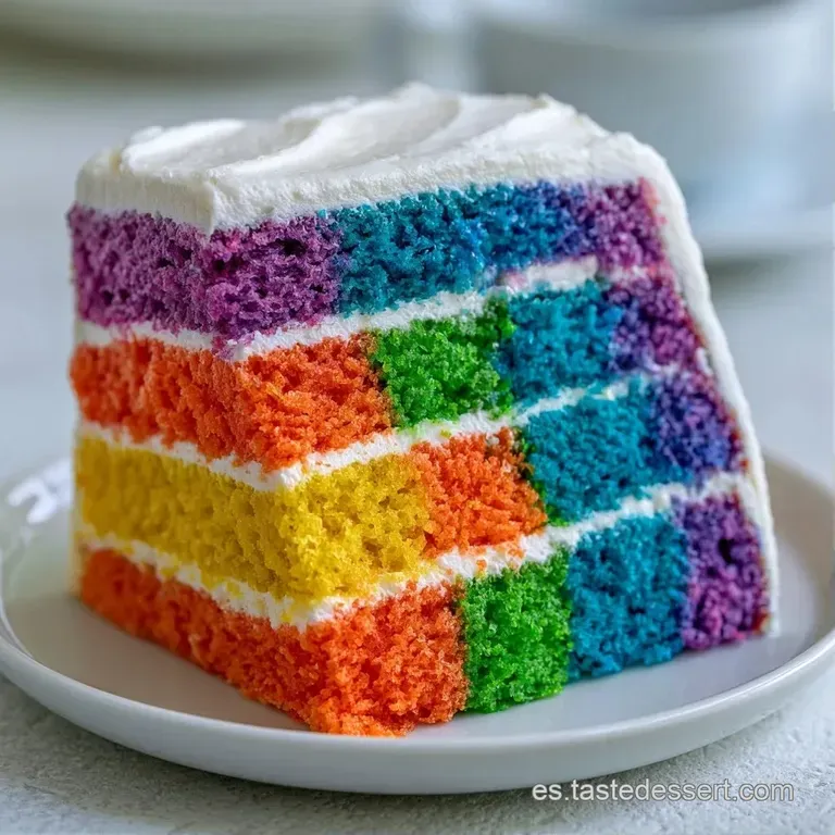 Rebanada de bizcocho con capas multicolores definidas sobre plato blanco, coronada con crema blanca sedosa.