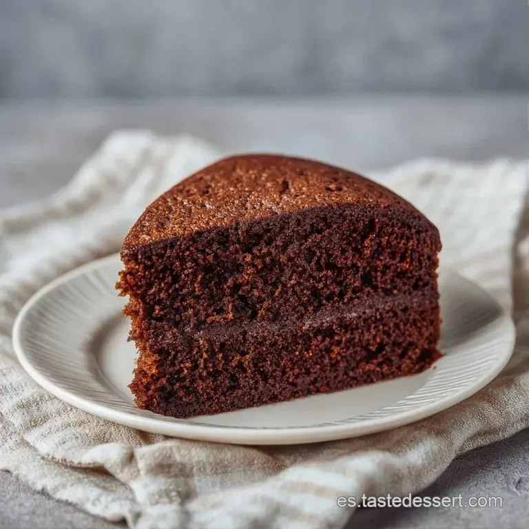 Porci&oacute;n de bizcocho h&uacute;medo de chocolate intenso con glaseado brillante sobre un plato blanco minimalista y limpio.