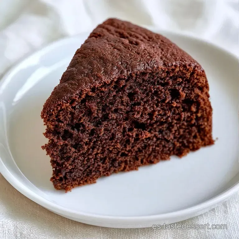 Porci&oacute;n de bizcocho oscuro y h&uacute;medo en plato blanco con hilos de chocolate fundido y una peque&ntilde;a hoja de menta.