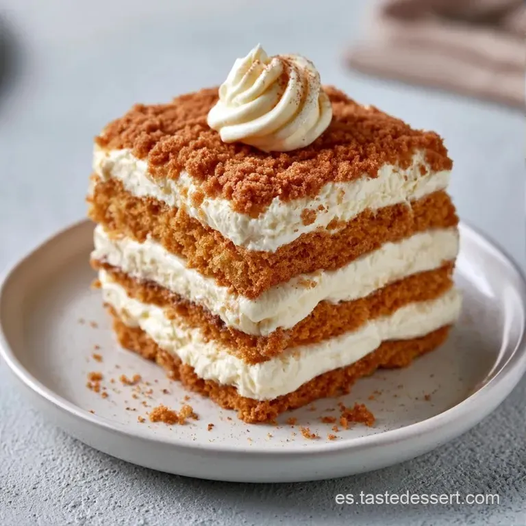 Porci&oacute;n triangular en plato blanco con capas definidas de crema marfil y galleta, adornada con una hoja verde fresca.
