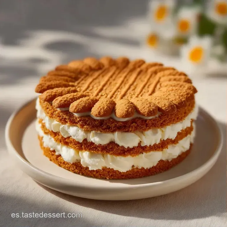 Porci&oacute;n triangular de pastel fr&iacute;o con capas alternas de crema blanca y galleta, servido en plato de cer&aacute;mica blanca.