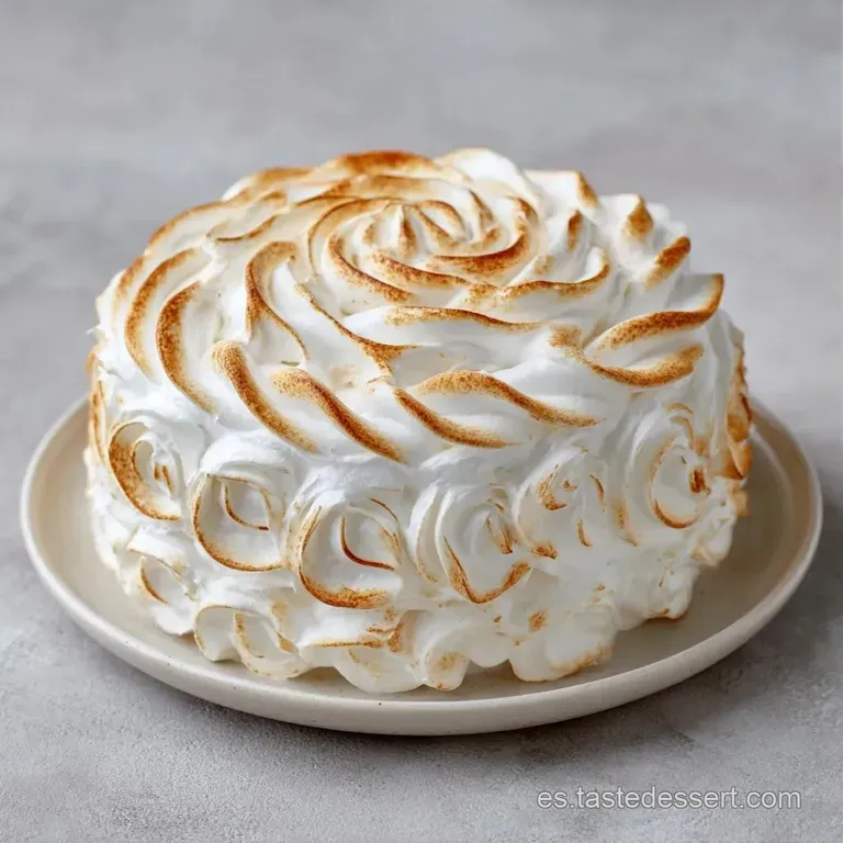 Rebanada con capas suaves y merengue crujiente, decorada con bayas rojas frescas sobre un plato blanco elegante.