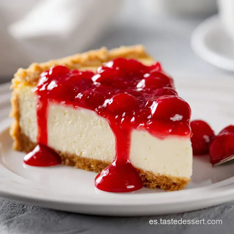 A neat slice of cheesecake on a white plate, glistening. A light dusting of cocoa adds a touch of elegance and visual depth.