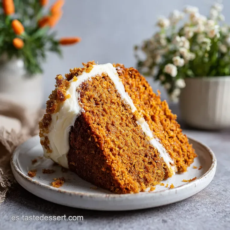 Slice of moist carrot cake with textured cream cheese frosting, beside a fork. Crumbs and cake details show freshness.
