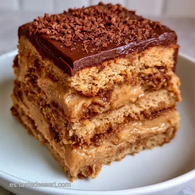 Porción rectangular de capas alternas de bizcocho café y crema, servida en plato blanco con trazos de salsa oscura.