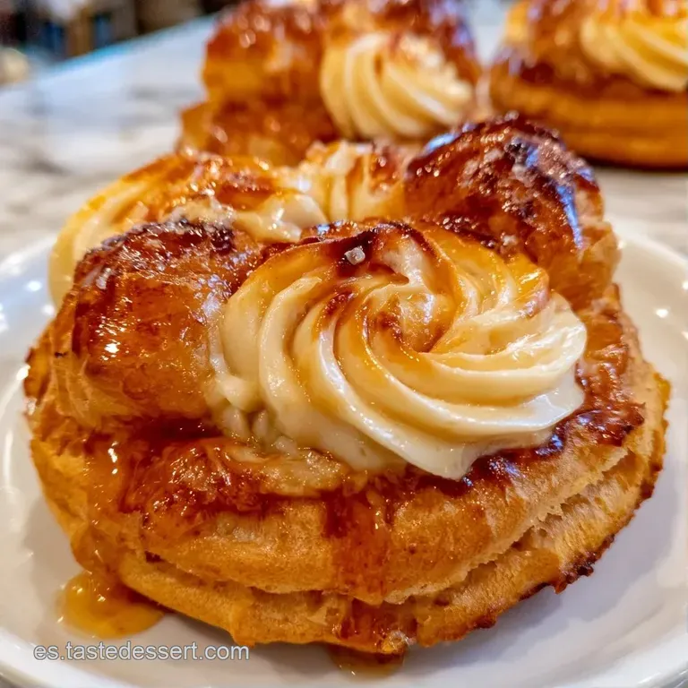 Repostería fina sobre plato blanco; destaca el contraste entre el azúcar caramelizado tostado y la crema blanca.