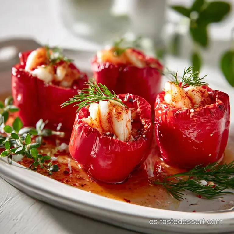 Elegant plate featuring glossy red piquillo pepper, bursting with creamy filling, drizzled with olive oil and herbs. Ready...