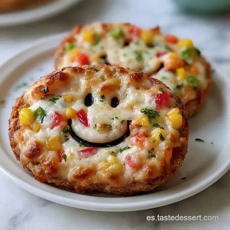 Peque&ntilde;as pizzas circulares sobre plato blanco, queso burbujeante y bordes dorados adornadas con hojas de albahaca fresca.