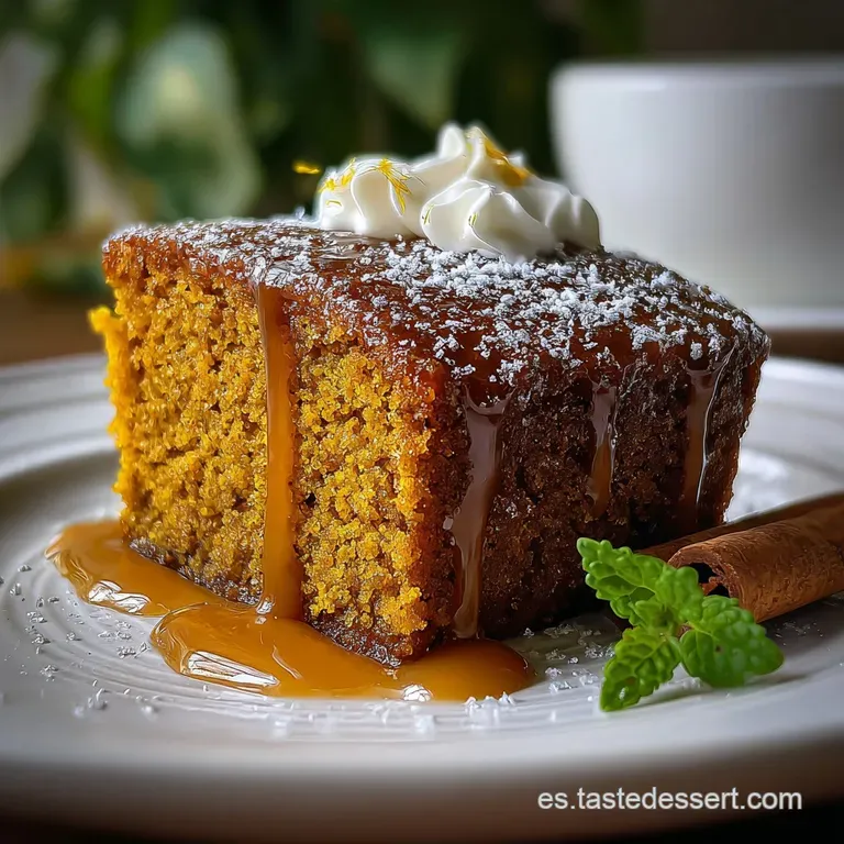 Individual slice of spiced pumpkin dessert, showcasing its moist texture and golden hue, garnished with a delicate cinnamo...