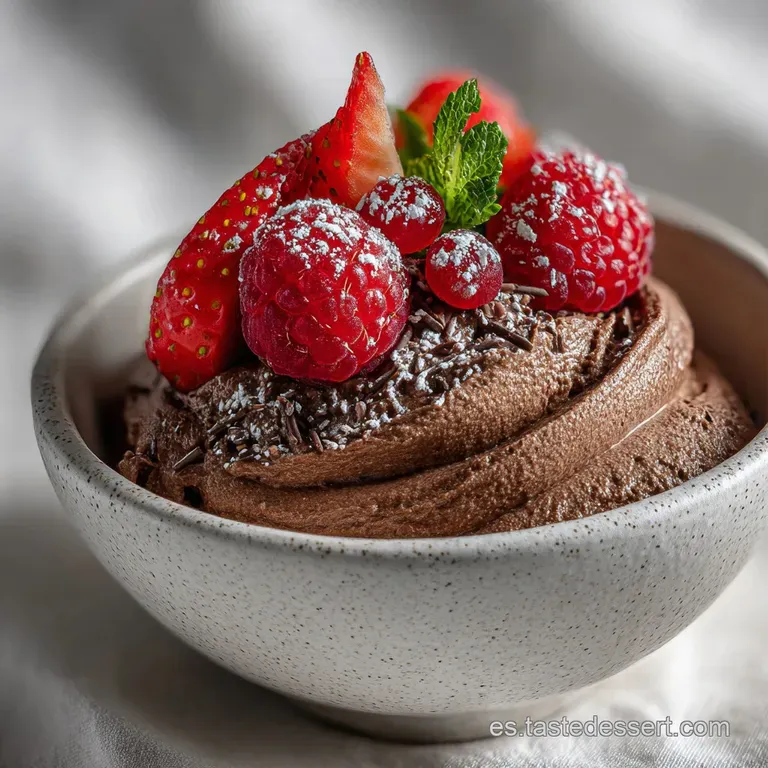 Silky chocolate dessert slice elegantly plated, drizzled with chocolate sauce, topped with fresh raspberries and a mint sp...