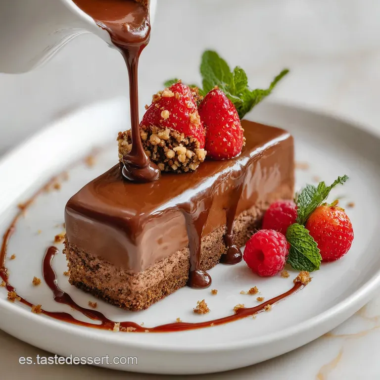 Glistening dark chocolate dessert bar drizzled with white chocolate, elegantly plated with a sprig of fresh mint, inviting...