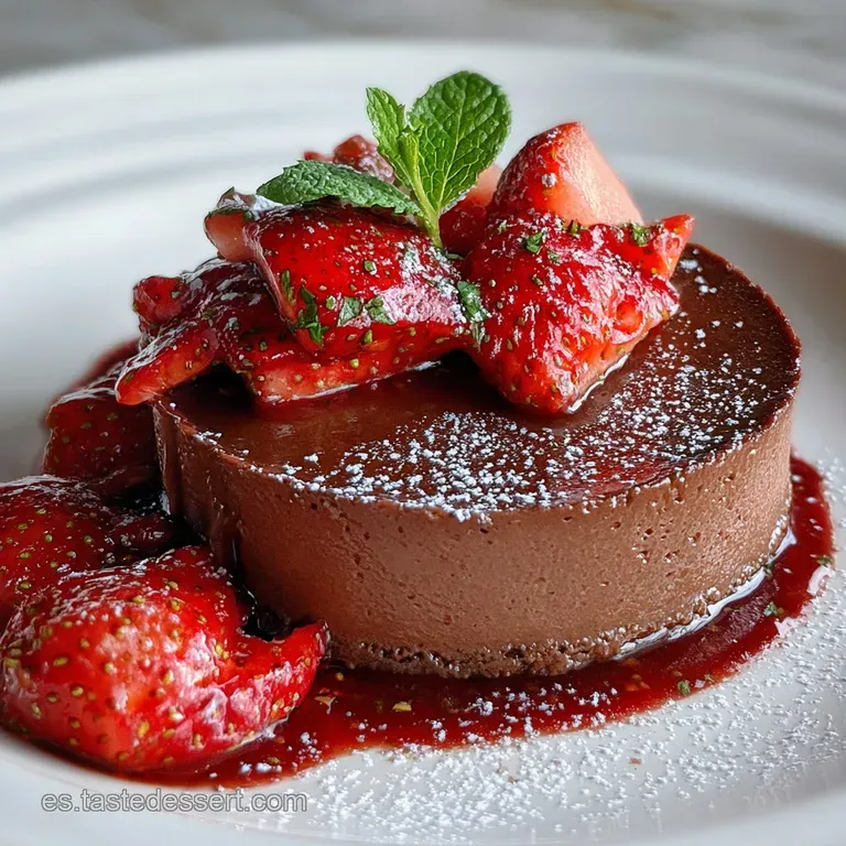 Elegant dessert plate featuring a smooth, dark chocolate treat topped with sliced fresh strawberries and delicate chocolat...