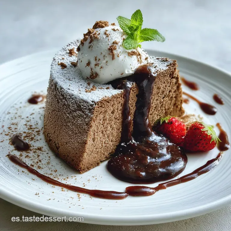 Slices of fudgy chocolate dessert arranged on a plate, glistening with moisture, topped with fresh berries, dusted with co...
