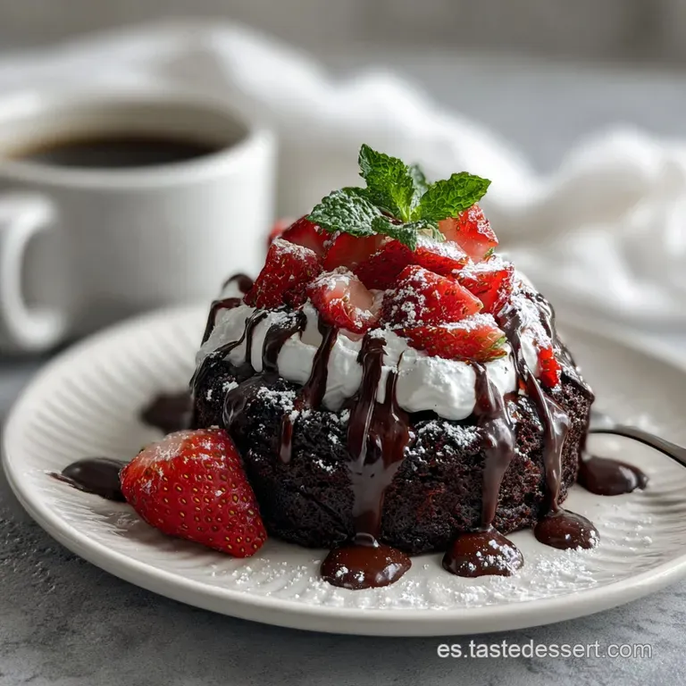 Individual chocolate dessert portion topped with fresh raspberries and mint, elegantly displayed on a modern white plate.