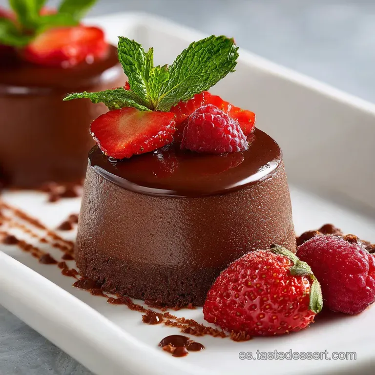 Silky chocolate dessert, delicately dusted with cocoa powder, with a sprig of mint, on a white plate
