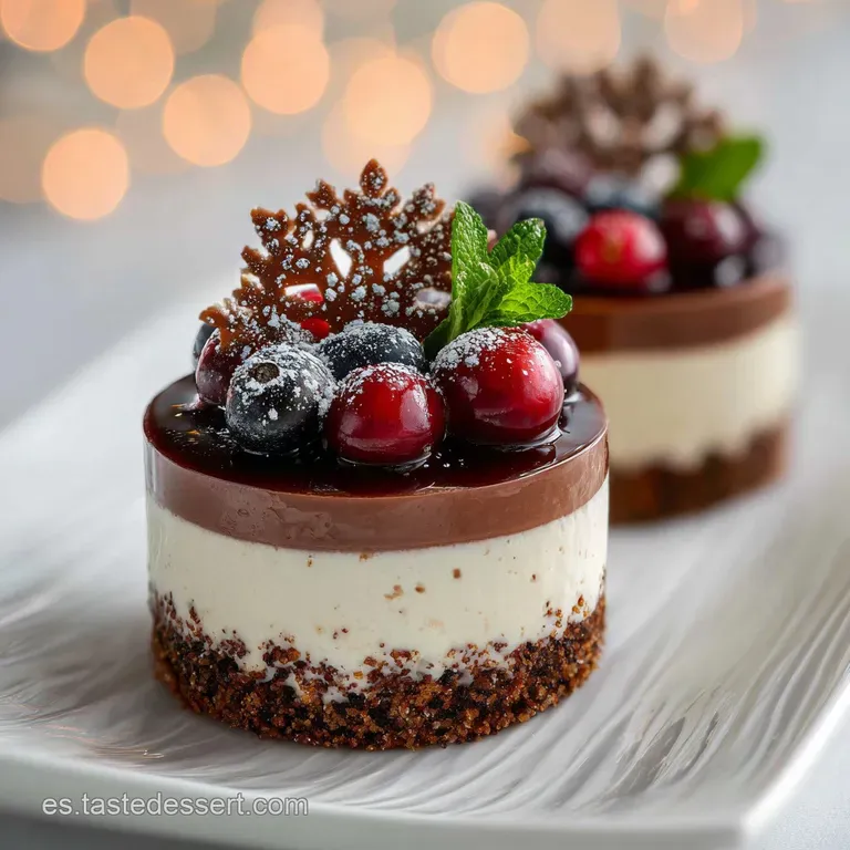 Elegant slice of no-bake chocolate dessert with dusting sugar, garnished with berries and mint, sitting on a white plate.