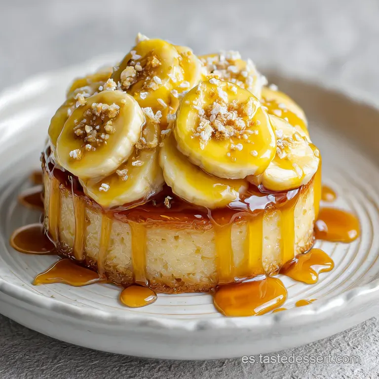 Elegant plate of warm banana dessert, topped with a scoop of melting vanilla ice cream. Drizzled with rich caramel.