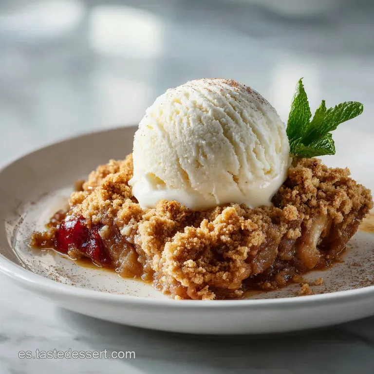 Individual ramekin of apple crisp, topped with a scoop of melting vanilla ice cream. Cinnamon dusting adds warmth to this ...