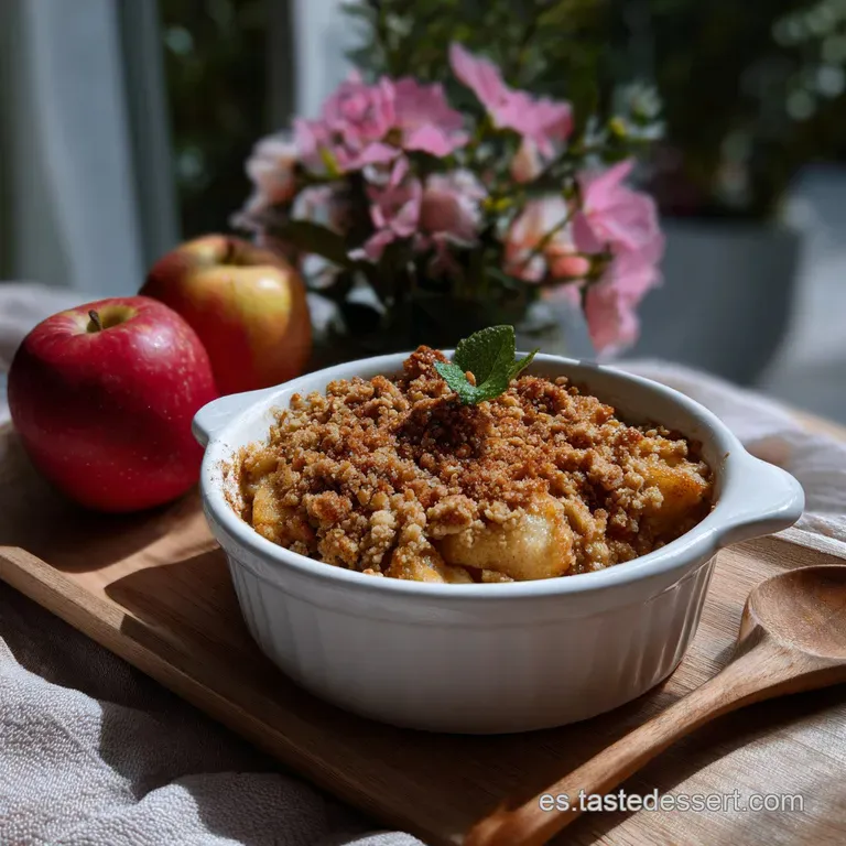 Individual apple and cinnamon dessert in a small bowl, presented with a scoop of vanilla ice cream and cinnamon stick. Ele...