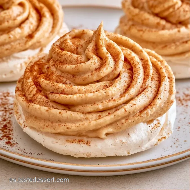 Postre elegante sobre plato blanco, con crema de castaña en hilos finos y un toque de nieve blanca en la cima.