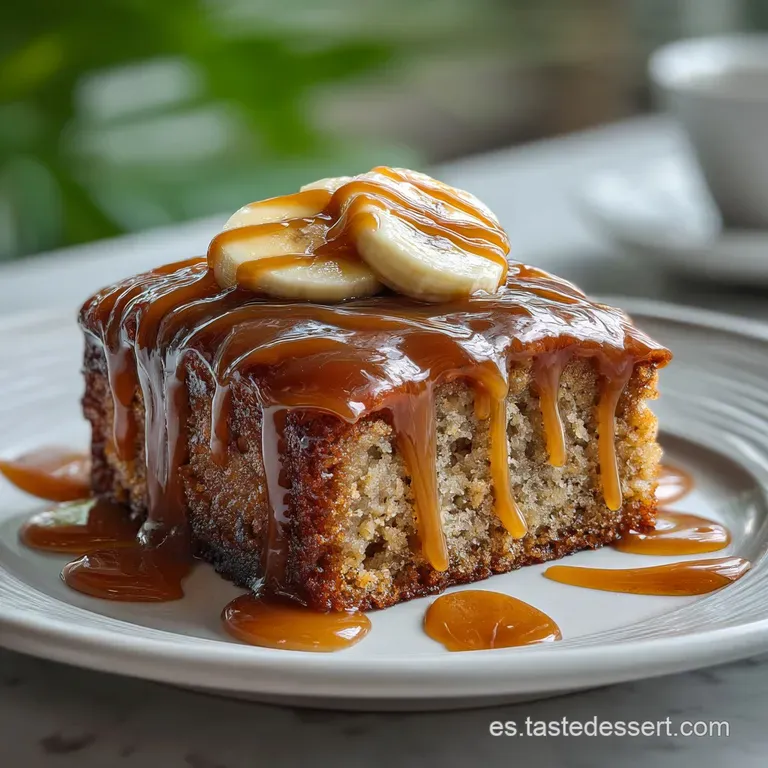 Stacked tower of caramelized plantain slices with a creamy, sweet sauce, dusted with spice on a minimalist plate.