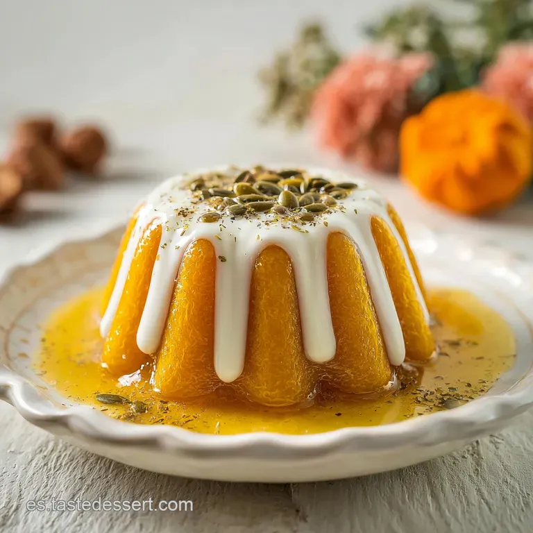 Artfully stacked, golden-brown pastries drizzled with honey and garnished with candied orange peel on a white plate. Light...