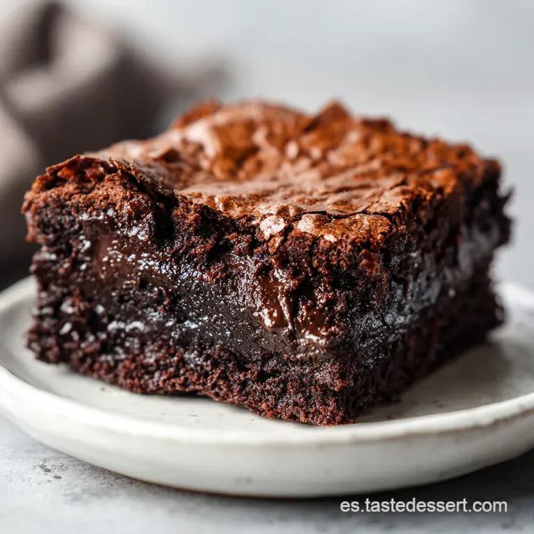 A single decadent brownie on a white plate, glistening with melted chocolate. A light dusting of cocoa powder adds an eleg...