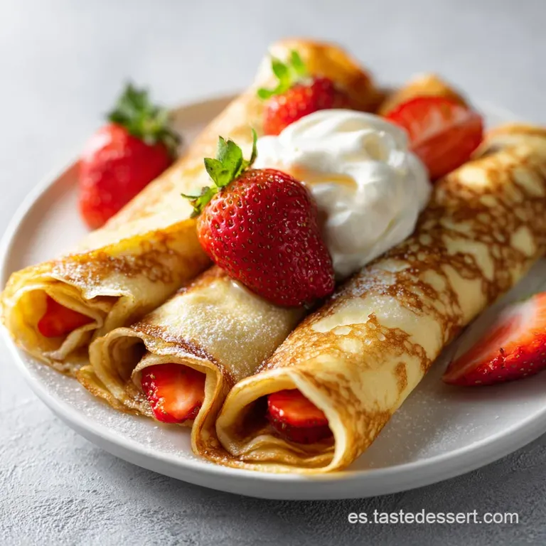 Delicate crepe, folded & filled, dusted with sugar. Side of fresh berries adds color. Elegant, light, and airy feel.